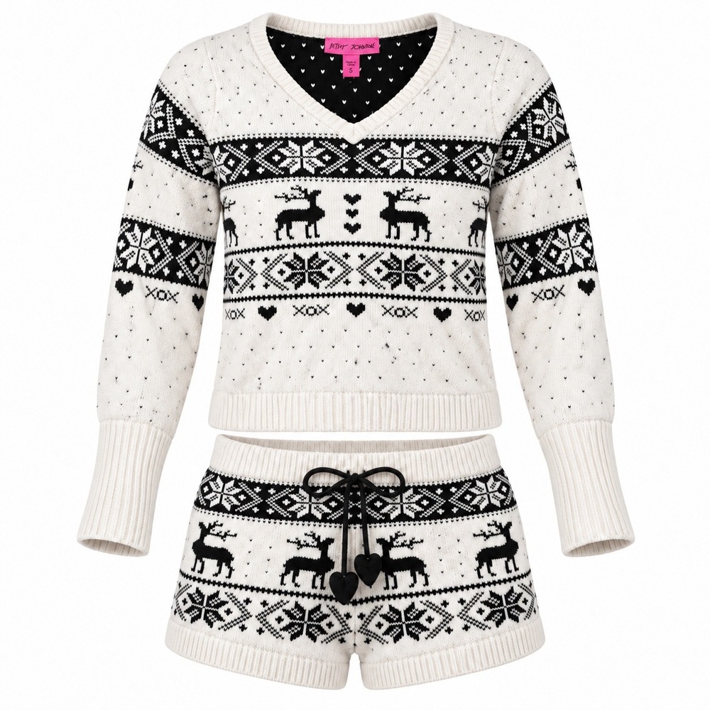 Betsey Johnson Pajama Set Women S Fair Isle White Reindeer Sweater Shorts Cozy
